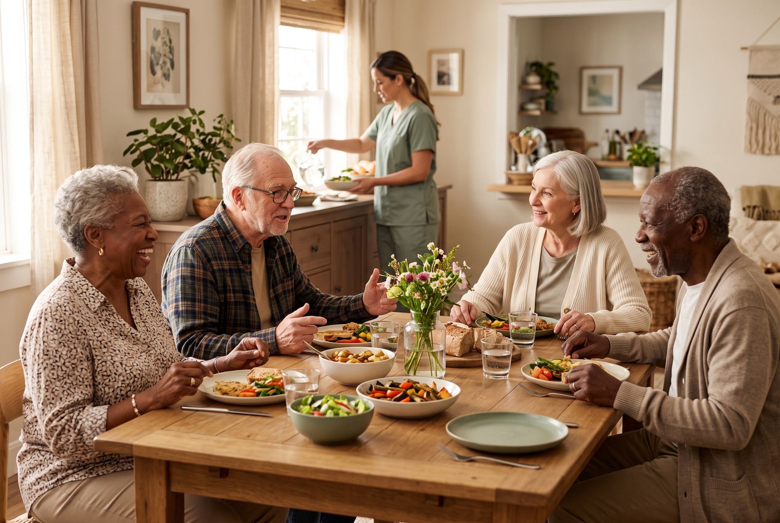 Family-style dining table set with home-cooked meals at Collin County Assisted Living in Anna, TX