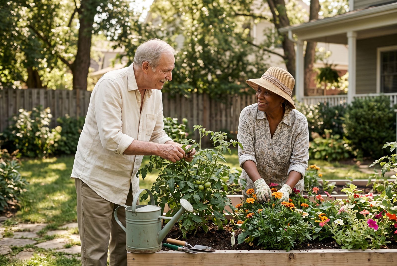 Senior with dementia enjoying gardening as a meaningful daily activity at a memory care home in Anna, TX